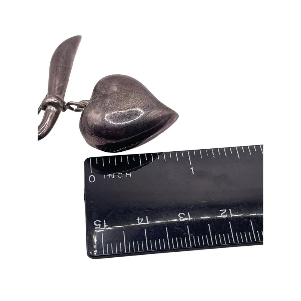 Vintage Sterling Silver 925 Puffy Dangle Heart Hollow Ribbon Brooch Pin 9g‎ MCM